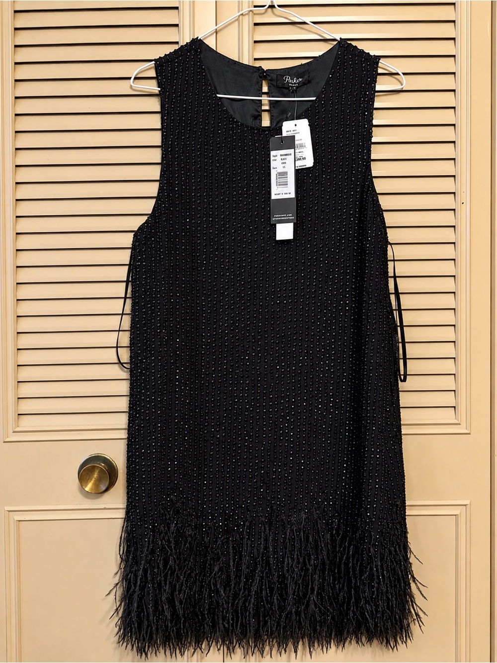 NWT Parker Black Beaded Feather Fringe Mini Dress Size 12 $498